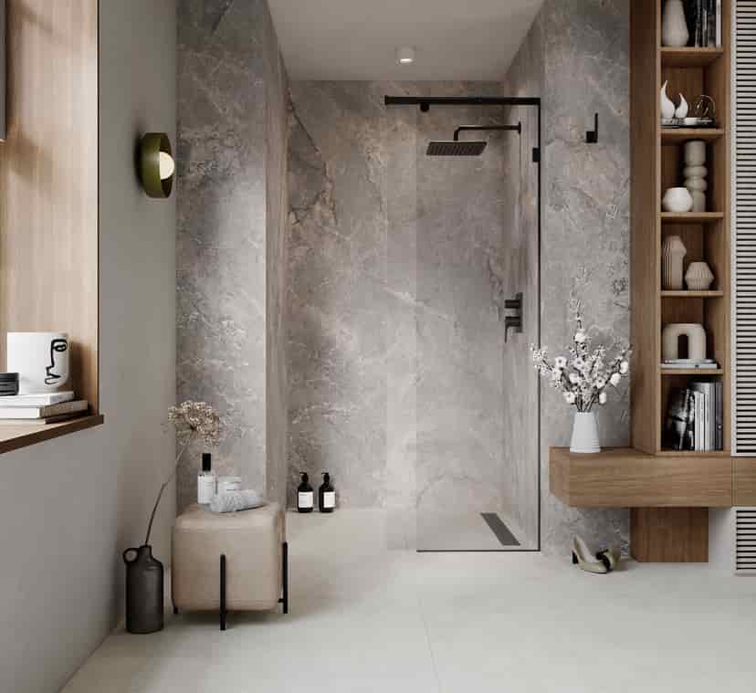 Walk-in shower with grab bars